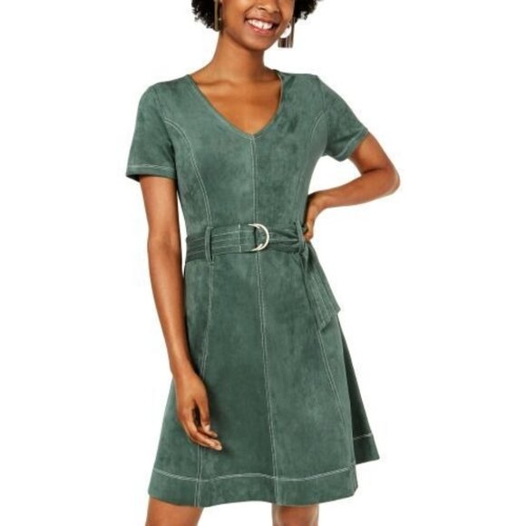 Rosie Harlow Juniors XS Faux Suede Mini Party Dress Short Sleeve Belted V Neck - Picture 1 of 2